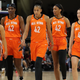 Kelsey Plum #10, Sylvia Fowles #34, Candace Parker #3, A’ja Wilson #22 and Sabrina Ionescu #20 of Team Wilson walk to the bench during the 2022 AT&T WNBA All-Star Game at the Wintrust Arena on July 10, 2022 in Chicago, Illinois. (Photo by Stacy Revere/Getty Images)
